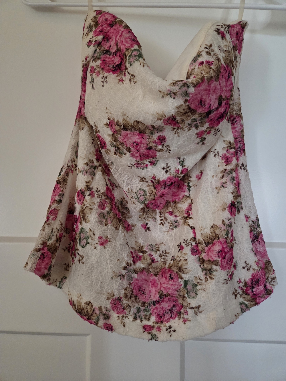 Body Central Pink Floral Lace On Cream Cowl Neck Strapless Top